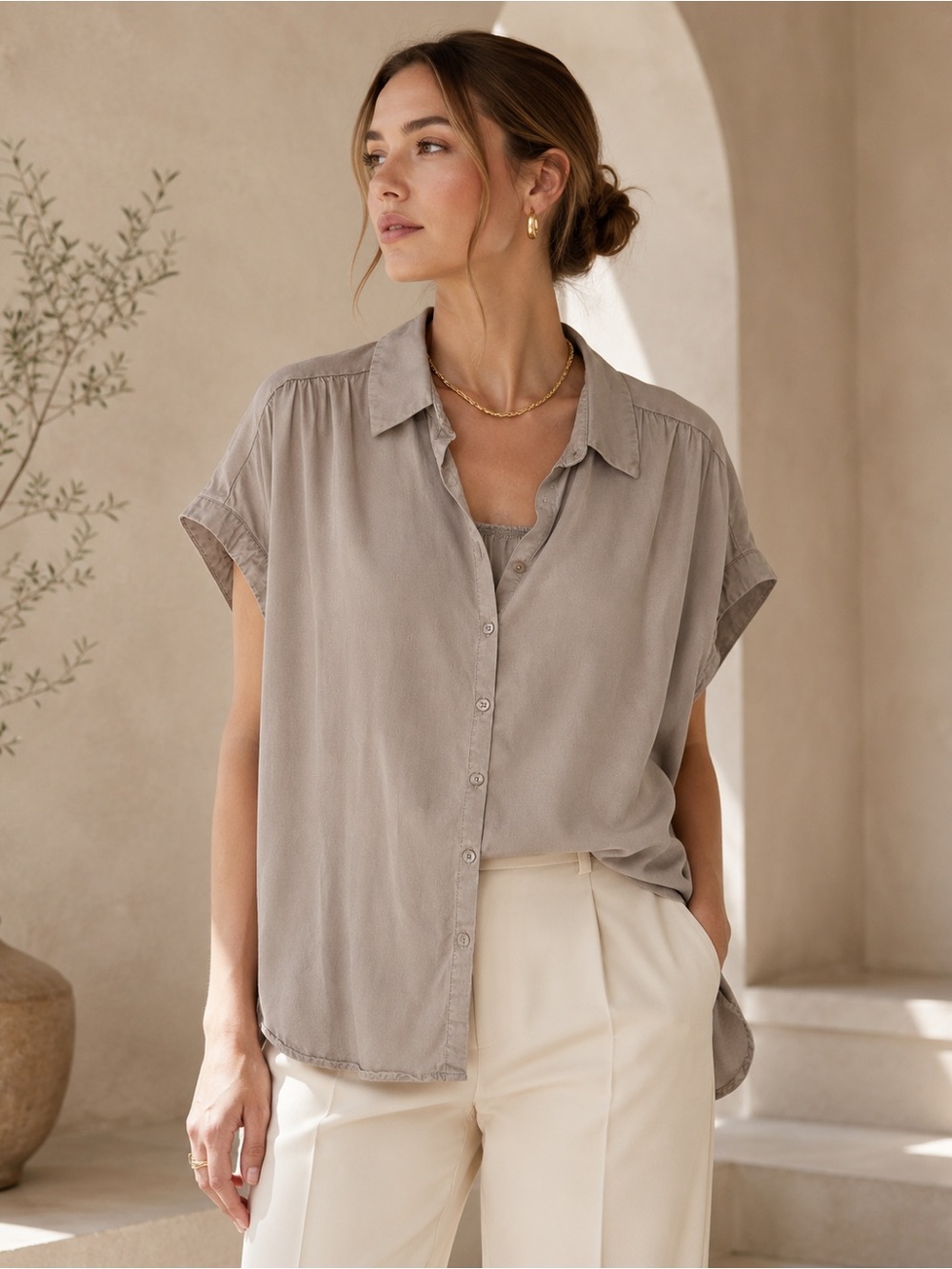 Quince 100% Tencel Lyocell Button Down Shirt Taupe Relaxed Quiet Luxury L